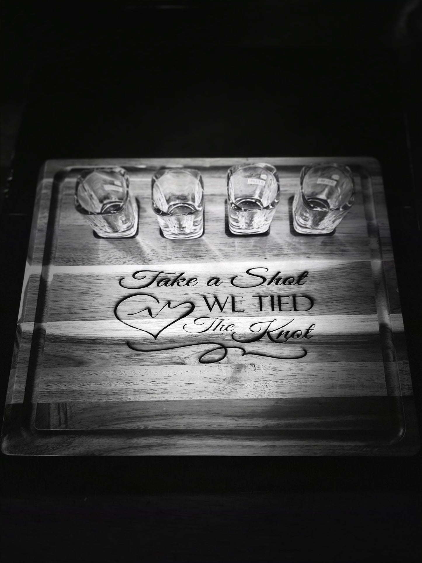 Personalized Acacia Wedding Shot Board with 4 Square Shot Glasses