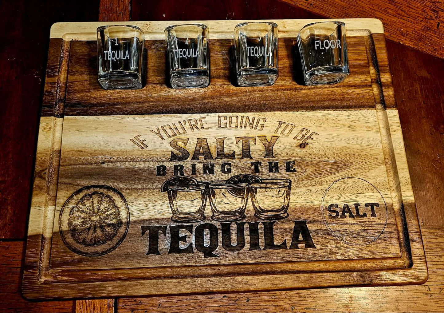 Acacia Wood Tequila Board Set – Customizable with 4 Shot Glasses