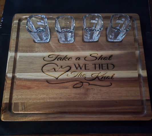 Personalized Acacia Wedding Shot Board with 4 Square Shot Glasses