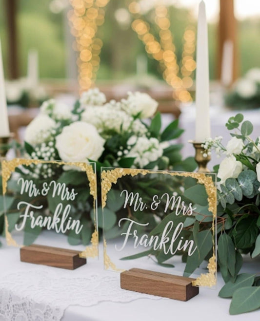 Personalized Acrylic Wedding Table Signs with Stand – 4" x 6"