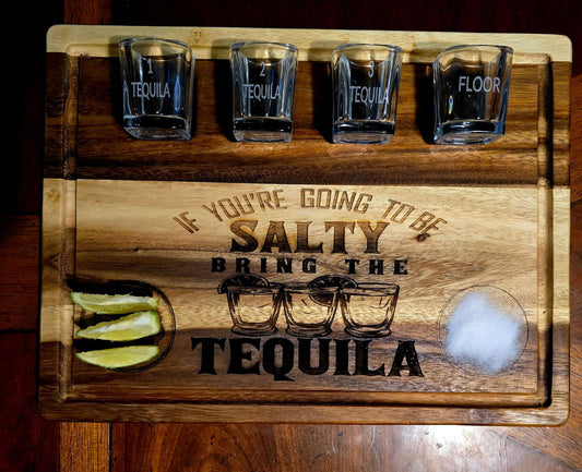 Acacia Wood Tequila Board Set – Customizable with 4 Shot Glasses